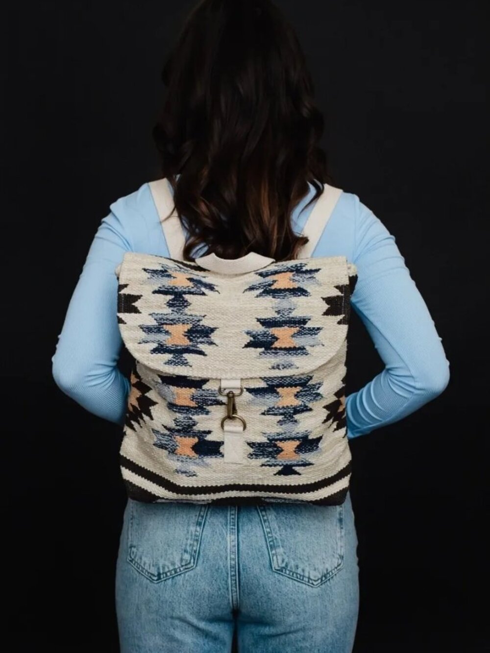 ($25) Woven Aztec Pattern Backpack in Cream, Navy & Mustard - Picture 2 of 5